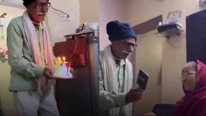 Elderly husband surprising his wife with a birthday cake, showcasing pure love and companionship in old age