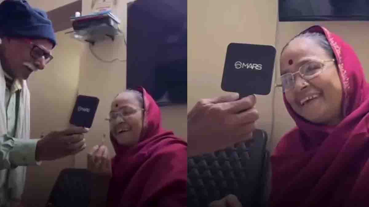 Elderly husband surprising his wife with a birthday cake, showcasing pure love and companionship in old age