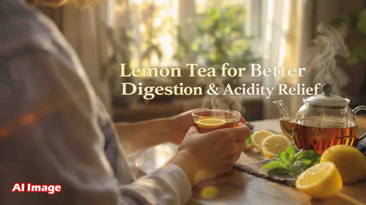 A cup of black lemon tea made with fresh lemon, known for improving digestion, reducing acidity, and boosting immunity.