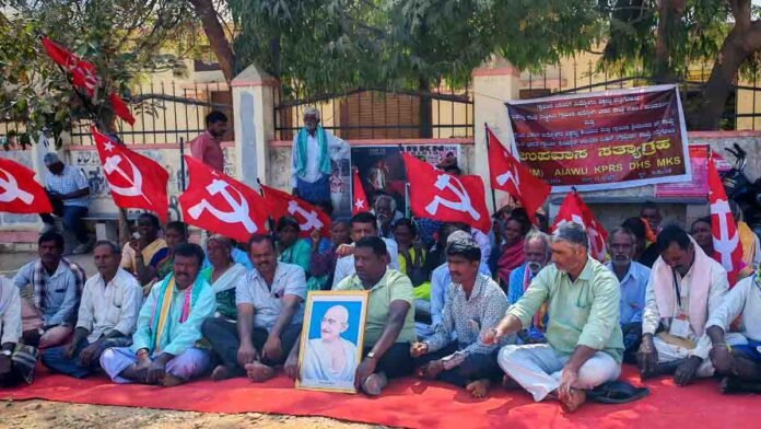 CPM leaders protesting in Gudibande against NREGA name change and VB-G RAM-JI scheme