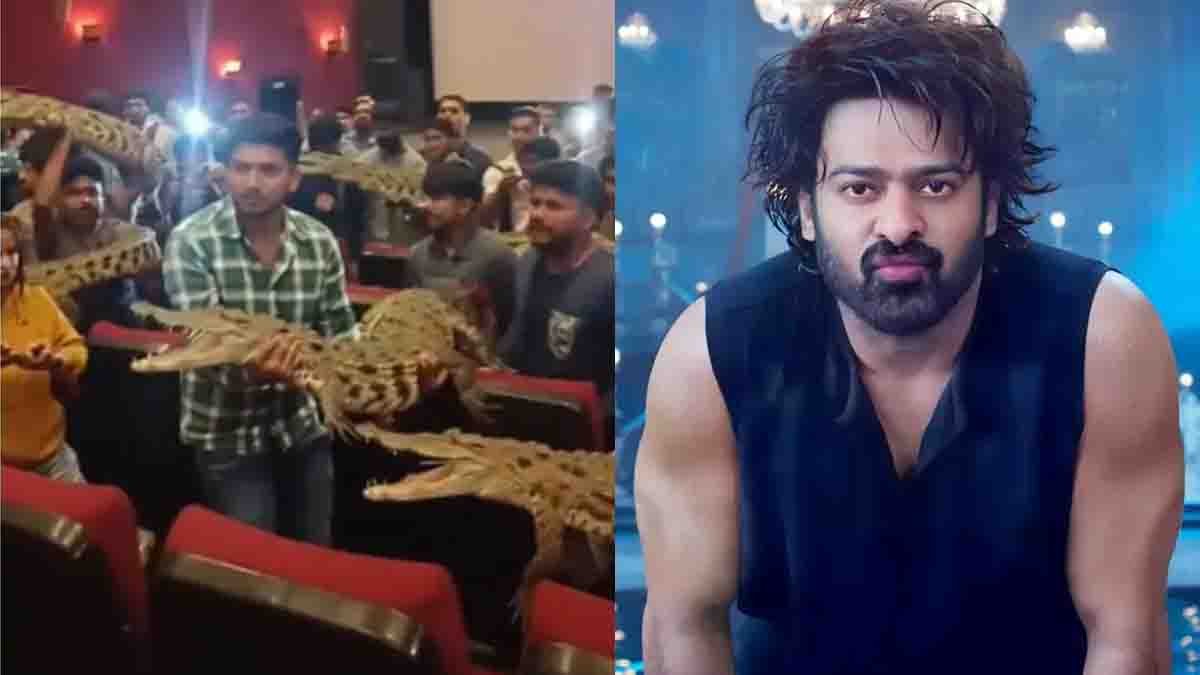 Die-hard Prabhas fans recreate a crocodile fight scene from The Raja Saab inside a theatre, sparking viral buzz.