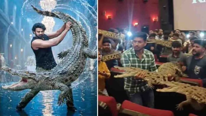 Die-hard Prabhas fans recreate a crocodile fight scene from The Raja Saab inside a theatre, sparking viral buzz.