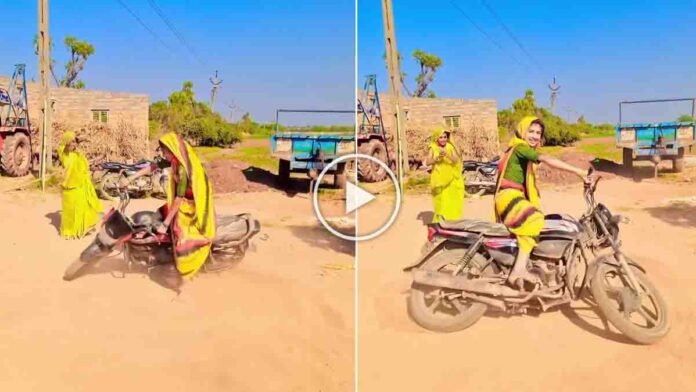 A fearless young woman performs a stunning bike stunt while wearing a saree, shocking netizens as the viral Desi Drift video crosses millions of views on social media.