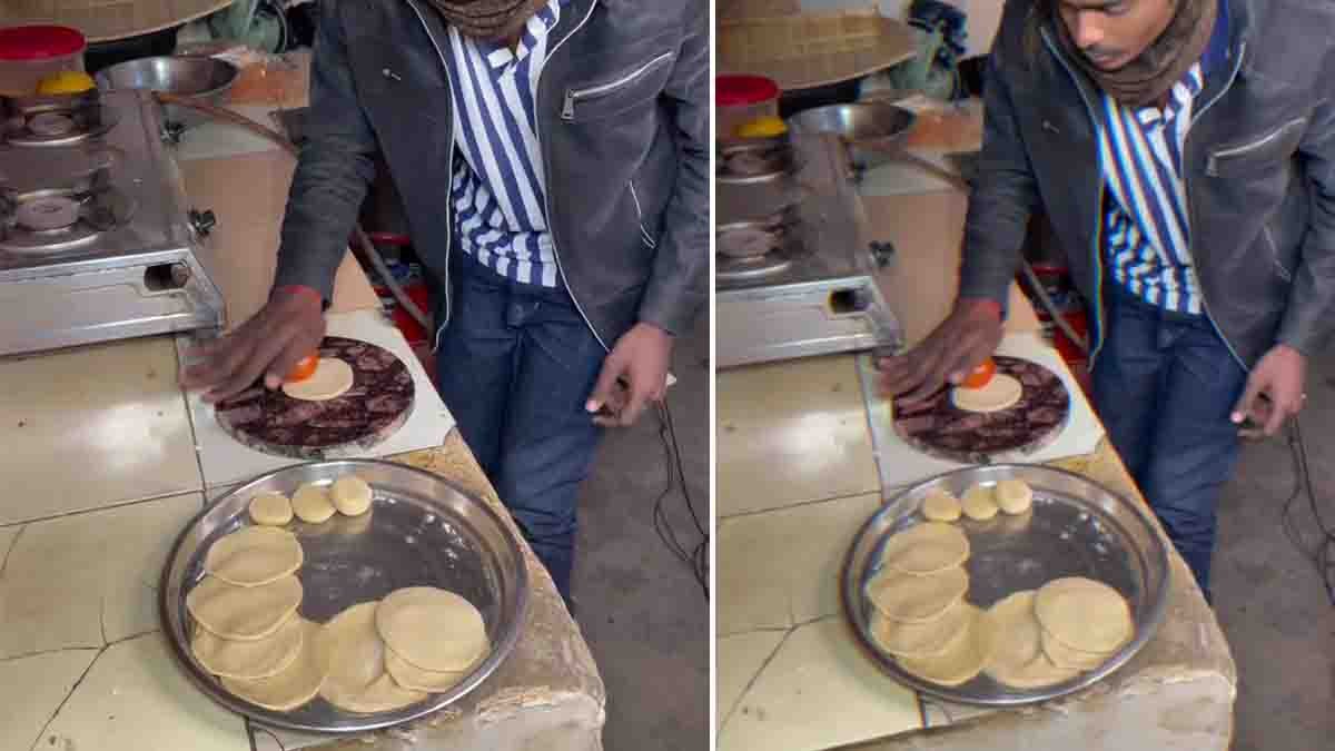 Man using a tomato as a rolling pin to roll puri in a desi jugaad cooking video