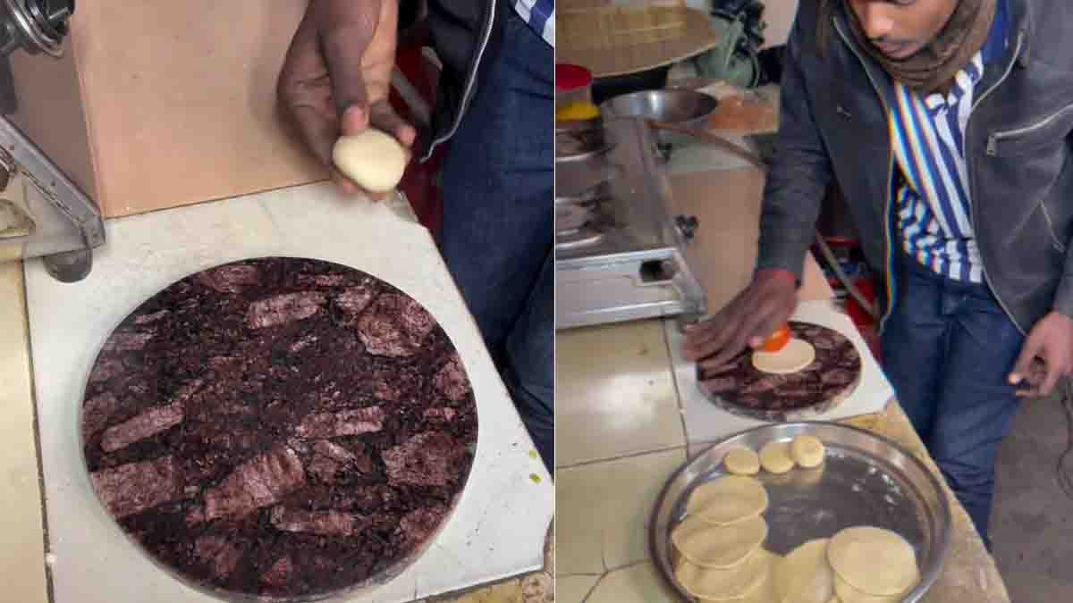 Man using a tomato as a rolling pin to roll puri in a desi jugaad cooking video