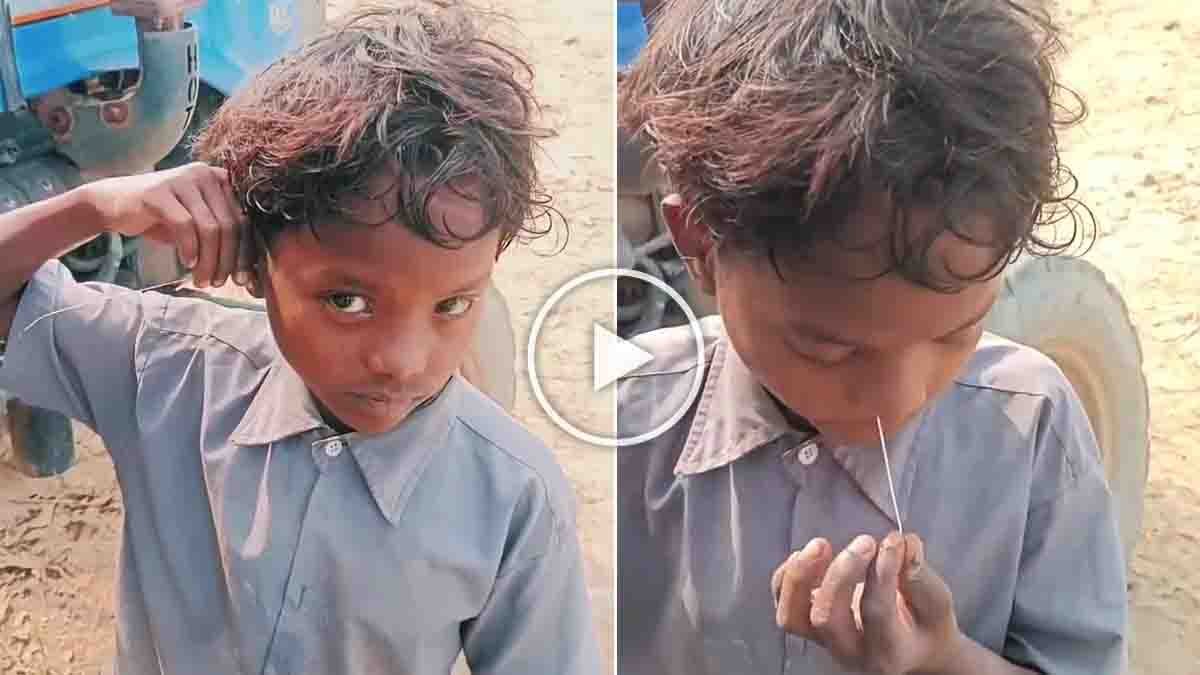 Village boy performing a shocking physical stunt by pulling a wire from his nose after inserting it in his ear, viral social media talent video from rural India.