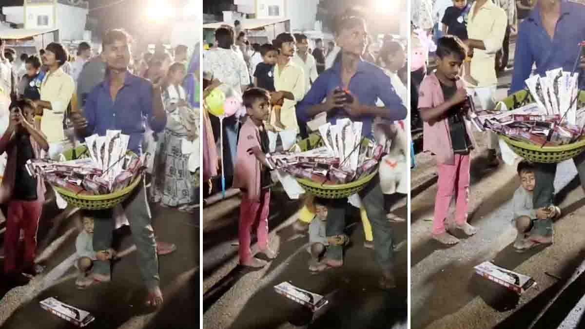 A touching poverty story where a child sleeps peacefully hugging his father’s legs, proving love is the greatest shelter.