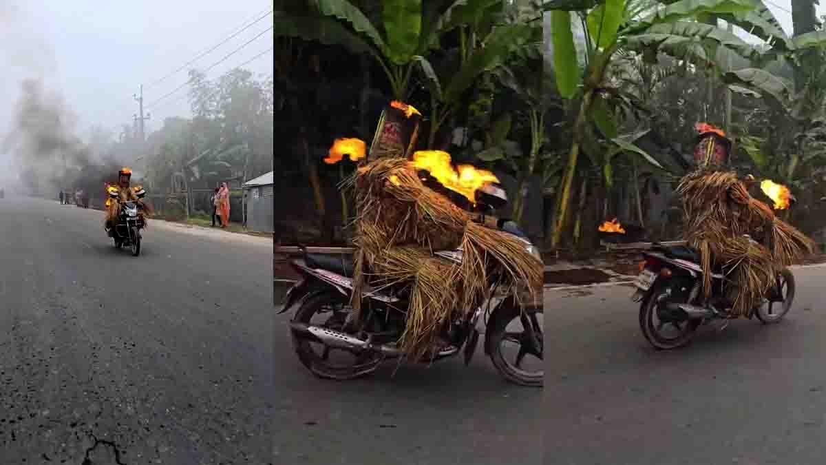 Man wrapped in dry grass sets himself on fire while riding a bike in viral stunt video