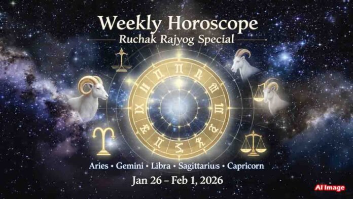 Weekly Horoscope 2026 highlighting Ruchak Rajyog benefits for Aries, Gemini, Libra, Sagittarius, and Capricorn