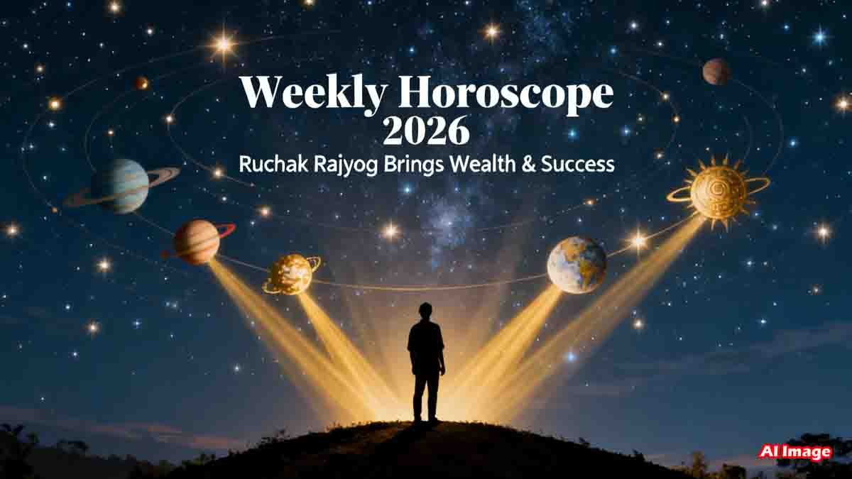 Weekly Horoscope 2026 highlighting Ruchak Rajyog benefits for Aries, Gemini, Libra, Sagittarius, and Capricorn