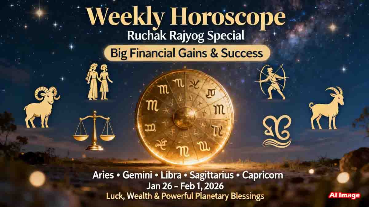Weekly Horoscope 2026 highlighting Ruchak Rajyog benefits for Aries, Gemini, Libra, Sagittarius, and Capricorn