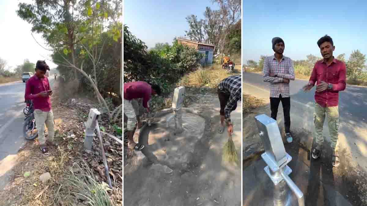 Three young men cleaning and repainting a neglected roadside hand pump, restoring it for public use - Viral Video