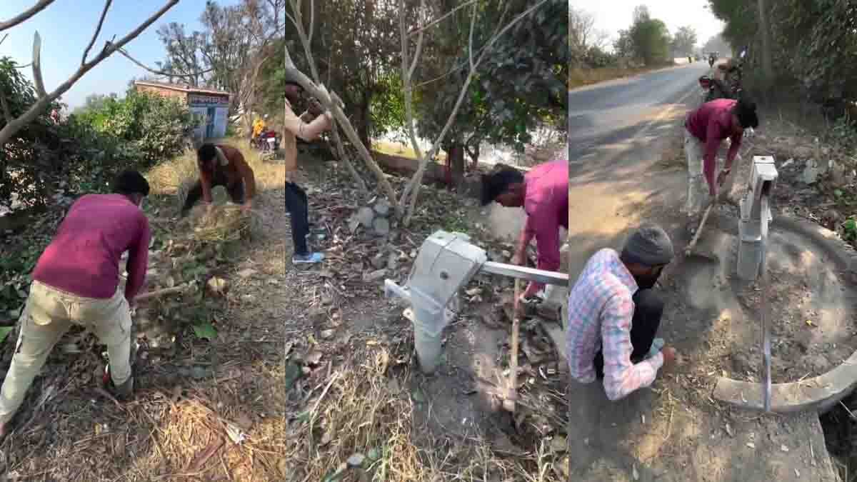 Three young men cleaning and repainting a neglected roadside hand pump, restoring it for public use - Viral Video