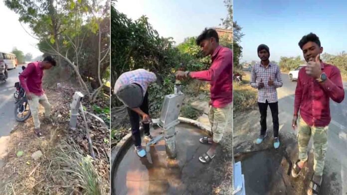 Three young men cleaning and repainting a neglected roadside hand pump, restoring it for public use - Viral Video