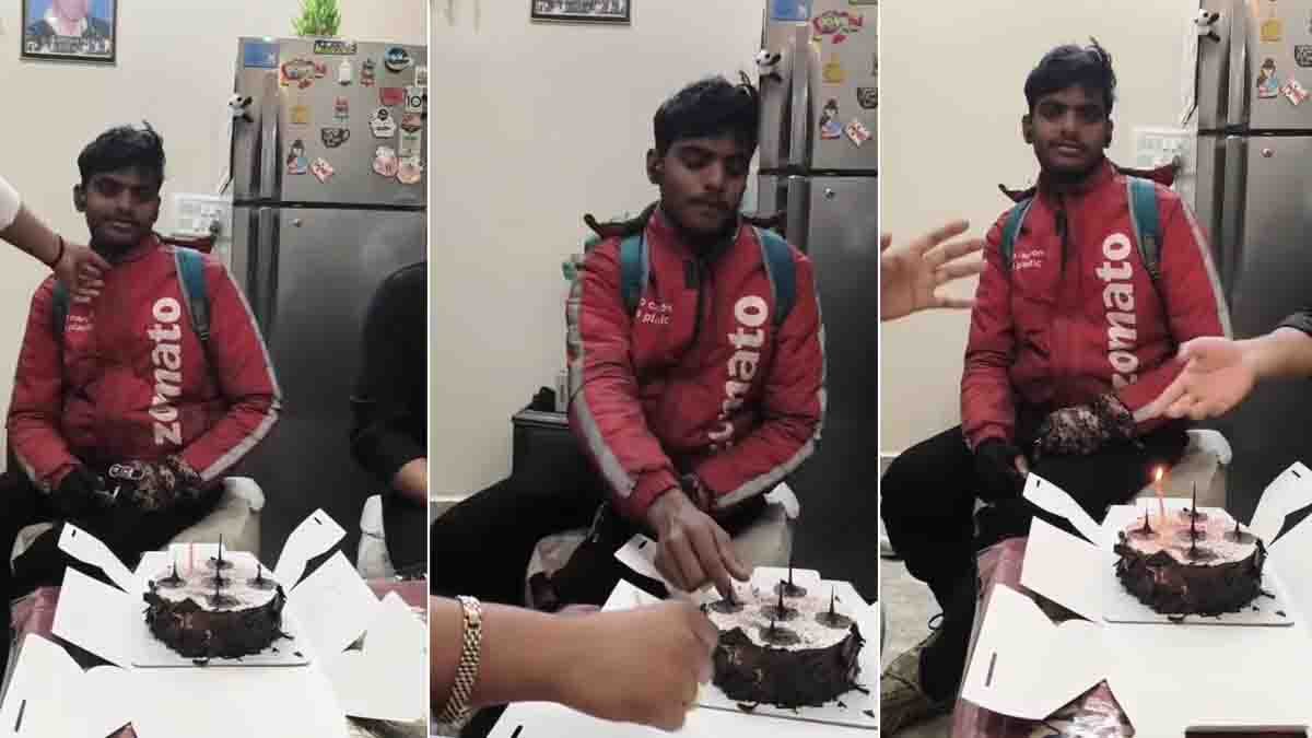Zomato delivery boy gets emotional as a family surprises him with a birthday cake celebration during delivery