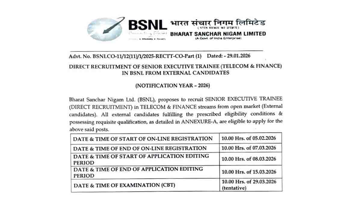 BSNL Recruitment 2026: ಬಿಎಸ್ಎನ್ಎಲ್ನಲ್ಲಿ ಸೀನಿಯರ್ ಎಕ್ಸಿಕ್ಯುಟಿವ್ ಟ್ರೈನಿ ಹುದ್ದೆಗಳ ಭರ್ತಿ; 50 ಸಾವಿರಕ್ಕೂ ಅಧಿಕ ವೇತನ! 2 Direct link and complete details for BSNL Recruitment 2026 including eligibility, salary, and exam date.