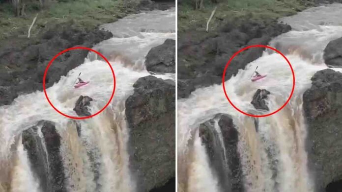 Viral Waterfall Kayak Stunt showing Dane Jackson plunging down a massive waterfall in a kayak