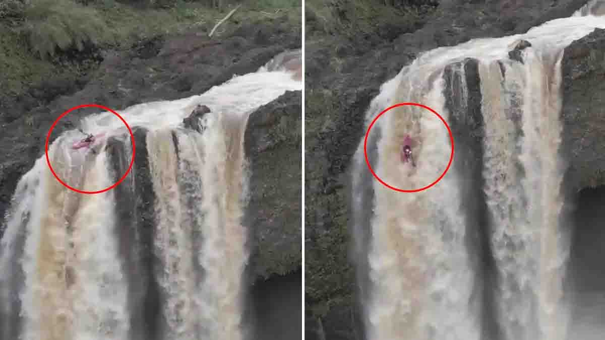 Viral Waterfall Kayak Stunt showing Dane Jackson plunging down a massive waterfall in a kayak