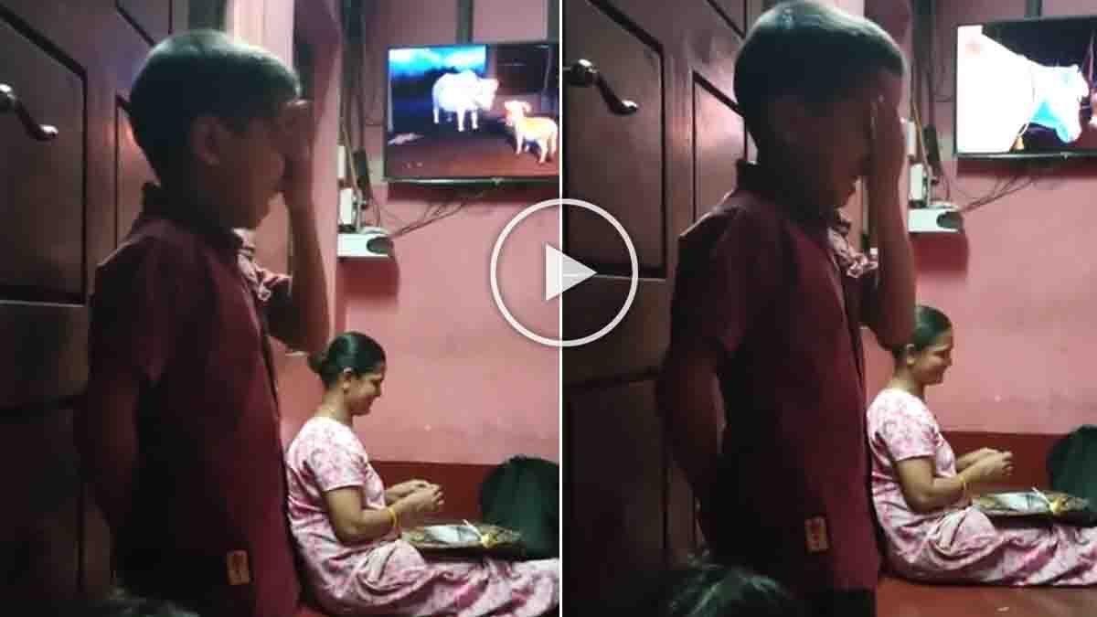 Young boy crying emotionally while watching Punyakoti cow song on TV with family in Karnataka viral video
