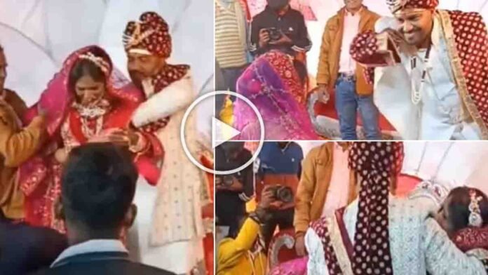 Wedding viral video showing groom losing balance and falling with bride during stage performance