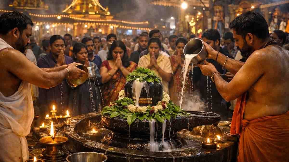 Mahashivratri 2026 : ಮಹಾಶಿವರಾತ್ರಿಯಂದು ದೇವಸ್ಥಾನದಿಂದ ಈ ಒಂದು ವಸ್ತುವನ್ನು ಮನೆಗೆ ತನ್ನಿ: ನಿಮ್ಮ ಅದೃಷ್ಟವೇ ಬದಲಾಗಬಹುದು! 3 Mahashivratri 2026 devotees performing Shivling Abhishekam and night worship in a decorated temple for Lord Shiva’s blessings