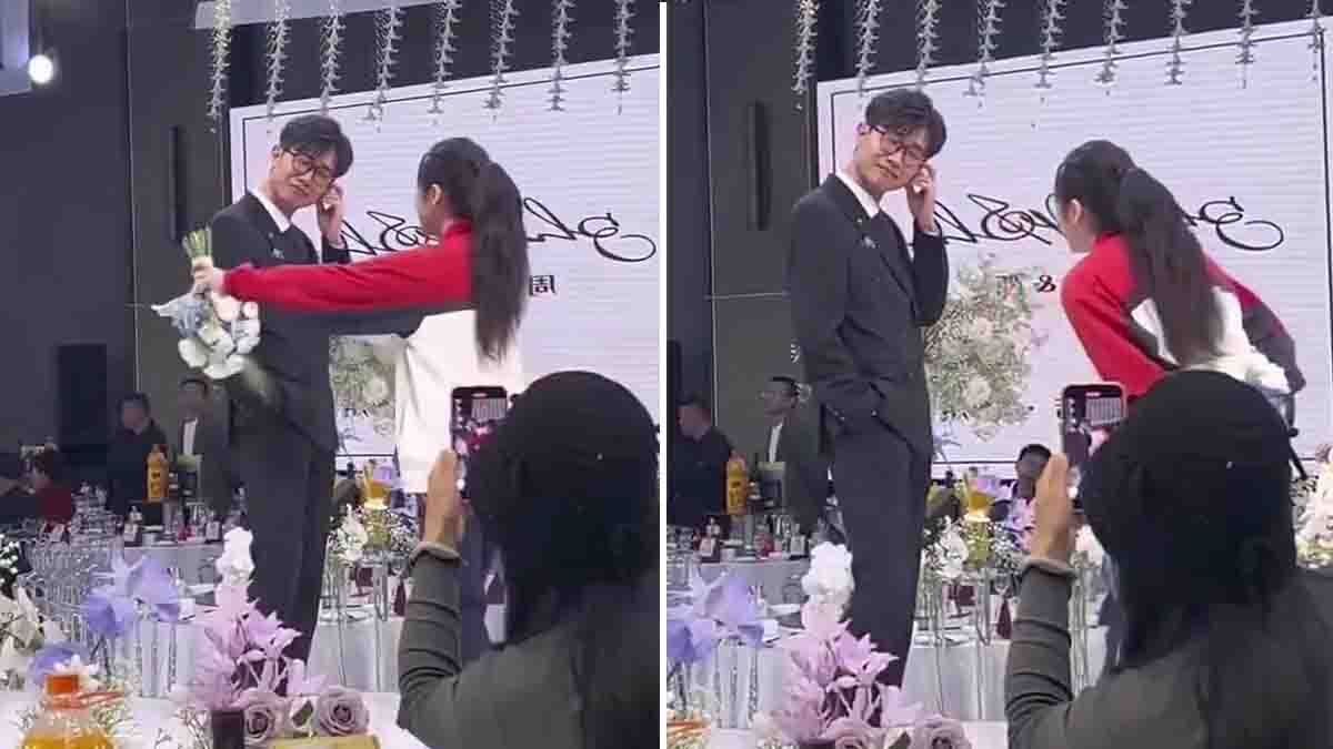 School uniform bride surprises groom at wedding stage with emotional gesture
