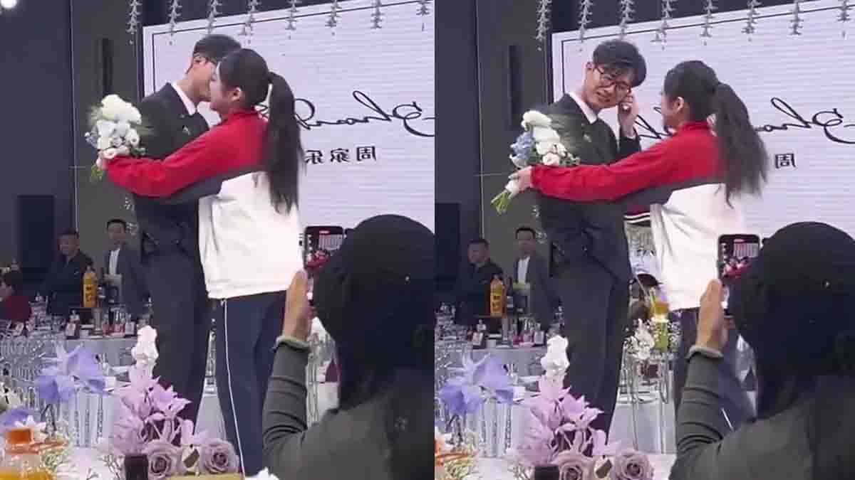 School uniform bride surprises groom at wedding stage with emotional gesture