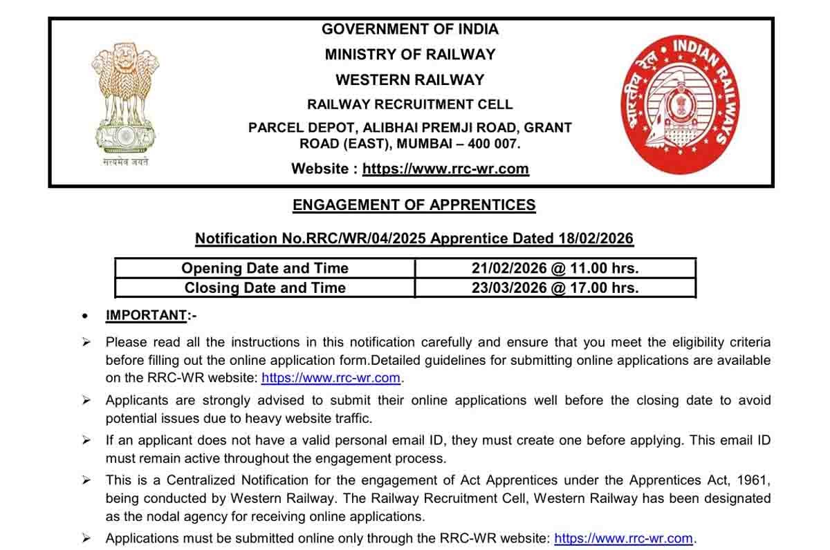 Western Railway Apprentice Recruitment 2026 notification for 5349 ITI Apprentice vacancies