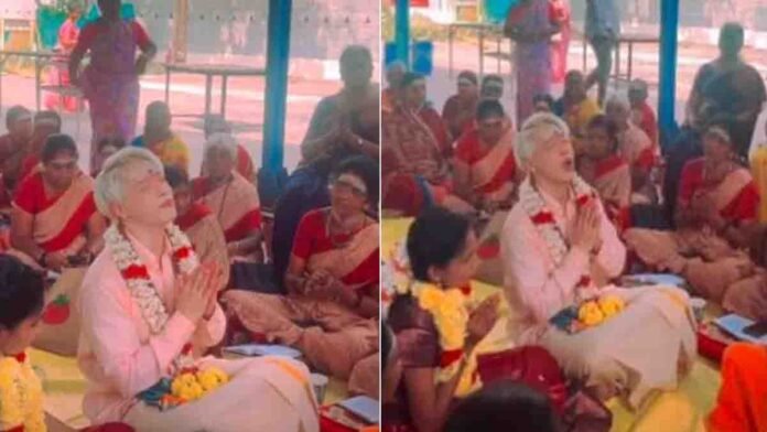 South Korean singer Aoora chanting Shiva Tandava Stotram at Chennai Shiva temple during Maha Shivaratri 2026