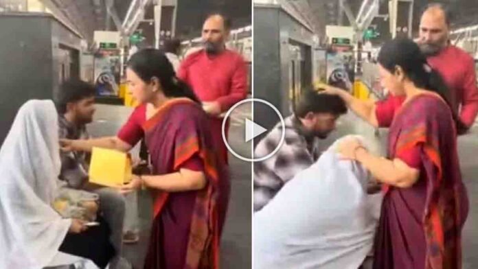 Mother performing roka ceremony for her son and his girlfriend at Delhi Metro station