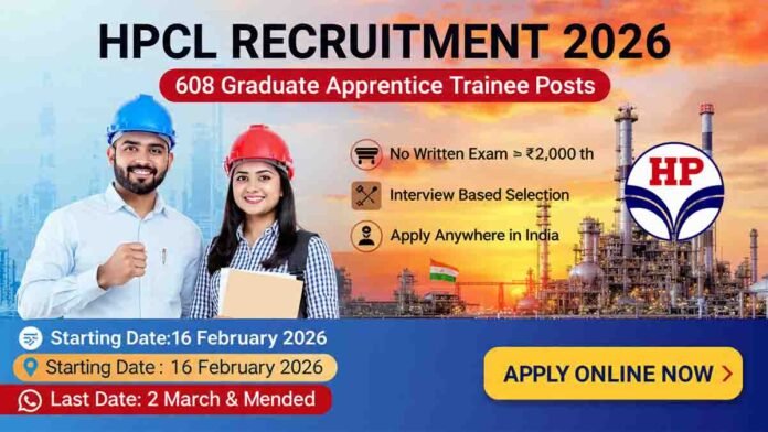 HPCL Recruitment 2026 notification for 608 Graduate Apprentice Trainee engineering vacancies