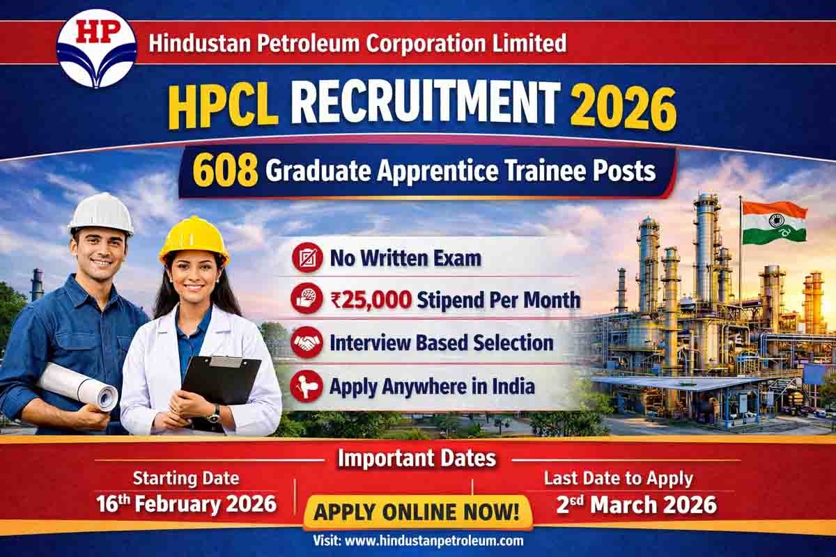 HPCL Recruitment 2026 : ಪರೀಕ್ಷೆಯಿಲ್ಲದೆ ಕೇಂದ್ರ ಸರ್ಕಾರಿ ಸಂಸ್ಥೆಯಲ್ಲಿ ಕೆಲಸ! 608 ಹುದ್ದೆಗಳಿಗೆ ಅರ್ಜಿ ಆಹ್ವಾನ 1 HPCL Recruitment 2026 notification for 608 Graduate Apprentice Trainee engineering vacancies