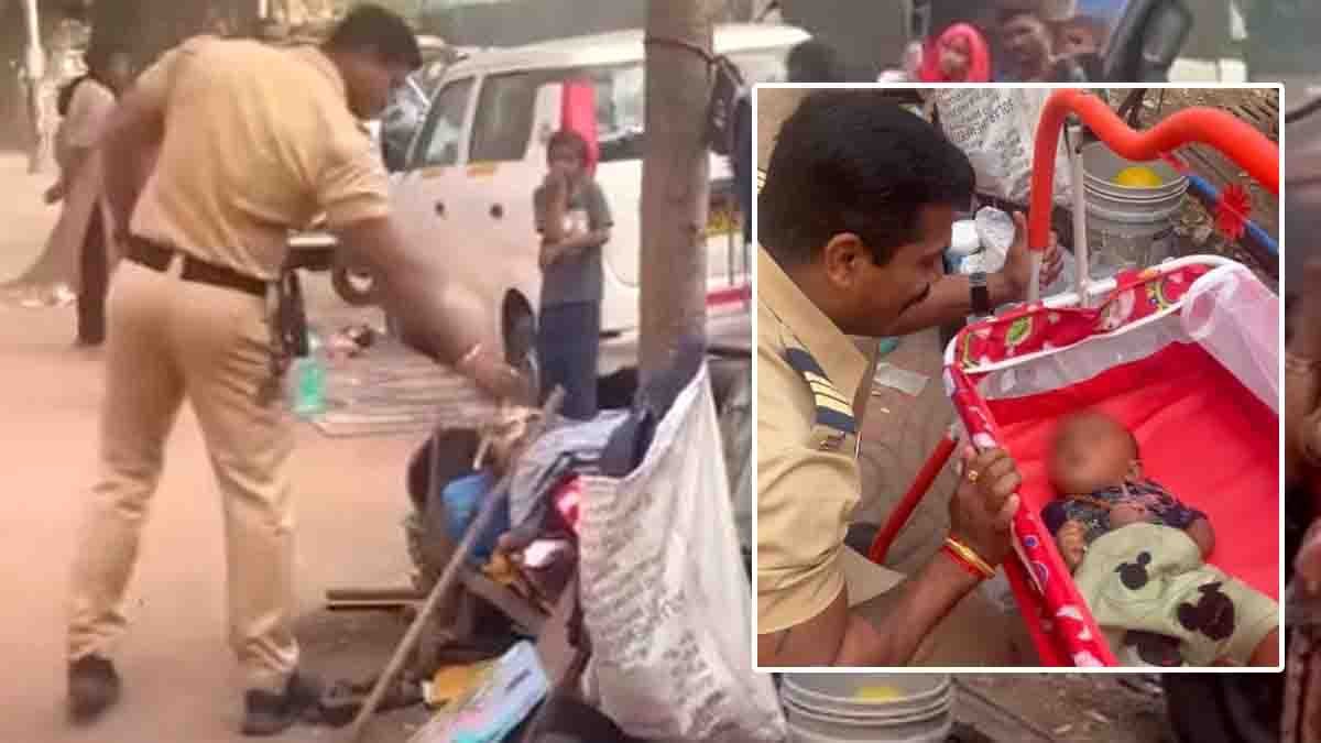 Mumbai Police : ಖಾಕಿ ಒಳಗಿನ ಕರುಣೆ: ರಸ್ತೆ ಬದಿಯ ಮಗುವಿಗೆ 'ತೊಟ್ಟಿಲು' ಉಡುಗೊರೆ ನೀಡಿದ ಮುಂಬೈ ಪೊಲೀಸ್! 2 Mumbai police officer buying a cradle for a poor baby and helping a helpless mother on roadside