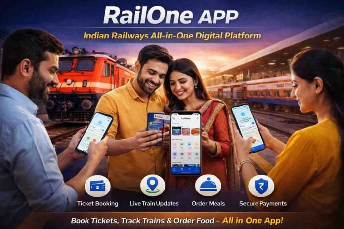 RailOne app interface showing ticket booking, live train status and food ordering features