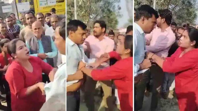 Wife assaults teacher husband on Sitapur road over alleged affair suspicion viral video