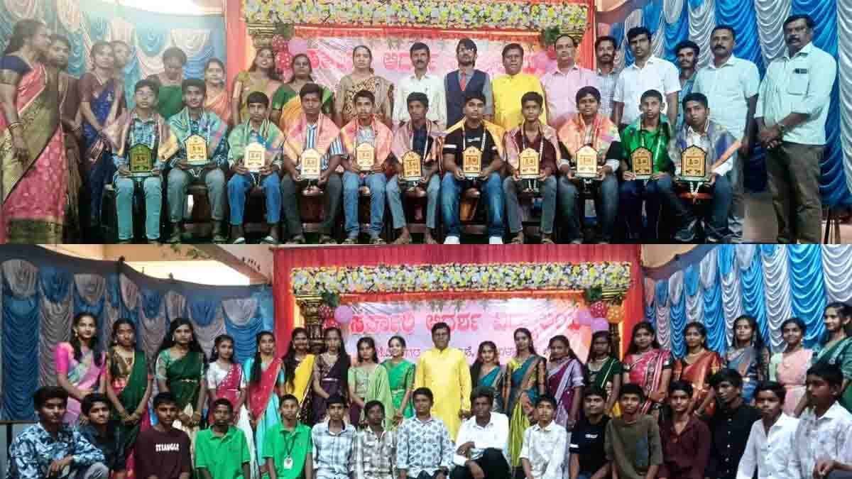 Adarsha Vidyalaya : ಶಿಸ್ತು ಮತ್ತು ಸಂಸ್ಕಾರವೇ ಯಶಸ್ಸಿನ ಭದ್ರ ಬುನಾದಿ: ಬಿಇಒ ಕೃಷ್ಣಕುಮಾರಿ ಕಿವಿಮಾತು 1 Students attending sslc-farewell ceremony at Adarsha Vidyalaya in Gudibande with BEO addressing the gathering