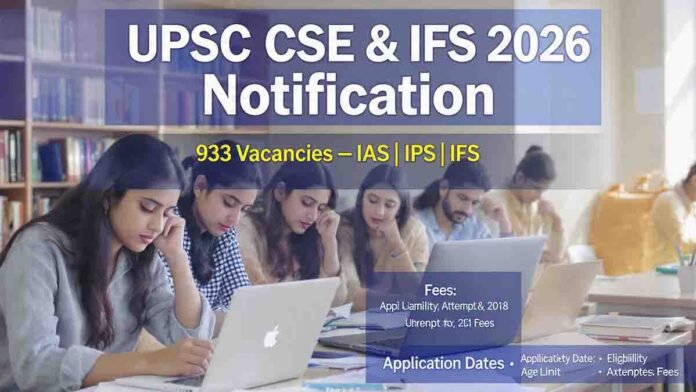 UPSC Civil Services Exam 2026 notification with 933 vacancies and online application details