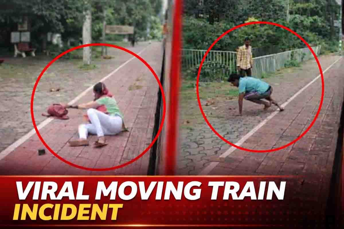 Woman jumping from viral moving train with luggage at railway platform