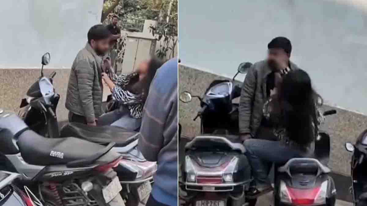 Viral public assault video showing a woman repeatedly slapping a man on a public road in India