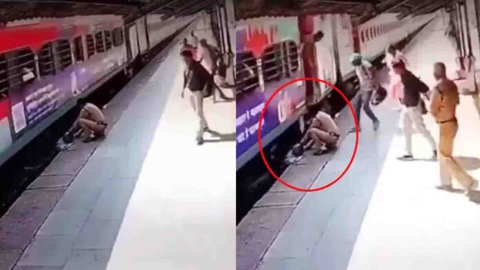 Viral video of female police rescuing man slipping near moving train platform India