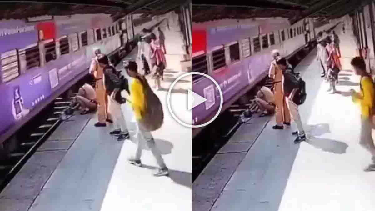 Viral video of female police rescuing man slipping near moving train platform India