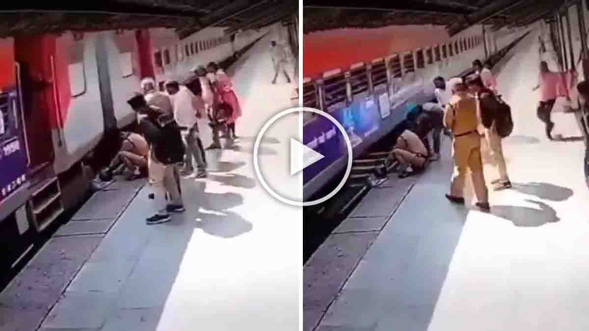 Viral video of female police rescuing man slipping near moving train platform India