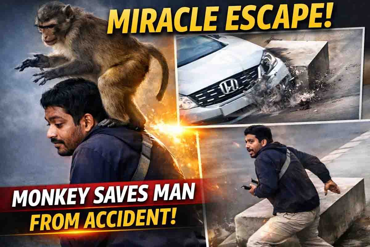 Monkey Video : ಸಾಕ್ಷಾತ್ ಆಂಜನೇಯನೇ ಬಂದು ಕಾಪಾಡಿದನೇ? ಯುವಕನ ಪ್ರಾಣ ಉಳಿಸಿದ ವಾನರನ ಸಮಯಪ್ರಜ್ಞೆ! 1 Monkey video shows monkey jumping on man’s head seconds before speeding vehicle crashes at same spot