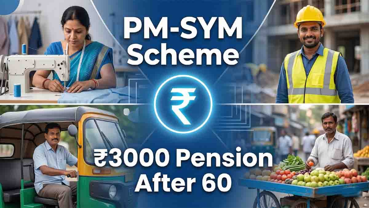 PM-SYM scheme : ಕೇವಲ 55 ರೂ. ಉಳಿಸಿ, ತಿಂಗಳಿಗೆ 3,000 ರೂ. ಖಚಿತ ಪಿಂಚಣಿ ಪಡೆಯಿರಿ: ಏನಿದು ಪಿಎಂ-ಎಸ್ವೈಎಂ (PM-SYM) ಸ್ಕೀಮ್? 1 PM-SYM scheme offering ₹3000 monthly pension for daily wage workers and unorganized sector in India