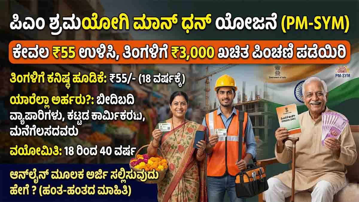 PM-SYM scheme : ಕೇವಲ 55 ರೂ. ಉಳಿಸಿ, ತಿಂಗಳಿಗೆ 3,000 ರೂ. ಖಚಿತ ಪಿಂಚಣಿ ಪಡೆಯಿರಿ: ಏನಿದು ಪಿಎಂ-ಎಸ್ವೈಎಂ (PM-SYM) ಸ್ಕೀಮ್? 2 PM-SYM scheme offering ₹3000 monthly pension for daily wage workers and unorganized sector in India