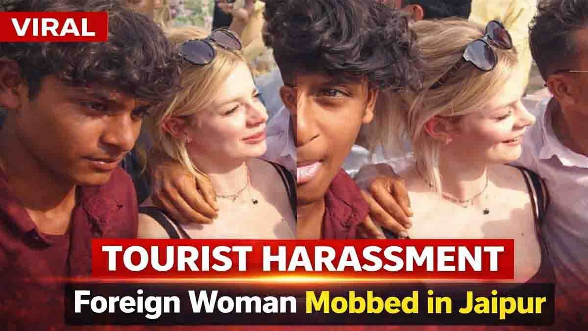 Tourist harassment incident where foreign woman surrounded by crowd near Jal Mahal Jaipur