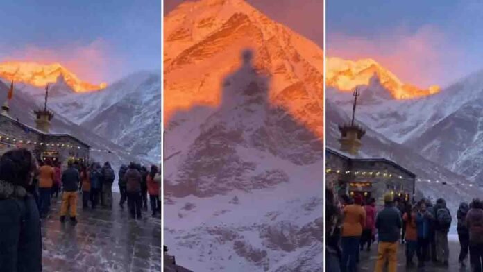 AI generated Shiva shadow over snow-covered Tungnath Temple in Himalayas