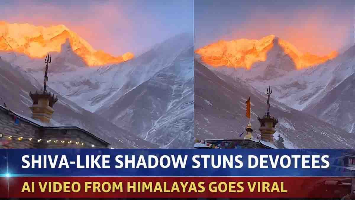 AI generated Shiva shadow over snow-covered Tungnath Temple in Himalayas