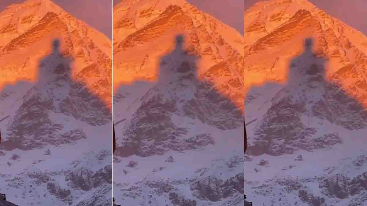 AI generated Shiva shadow over snow-covered Tungnath Temple in Himalayas