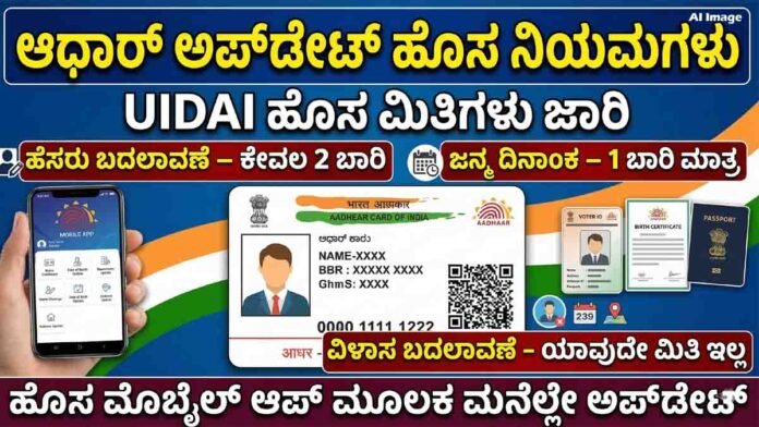 Aadhaar card update rules in India showing UIDAI limits for name change, date of birth correction, and address update